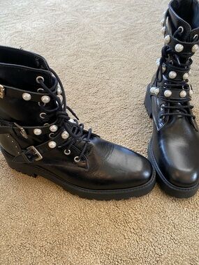 Zara Black Lace-Up Combat Boots with Pearl Studs